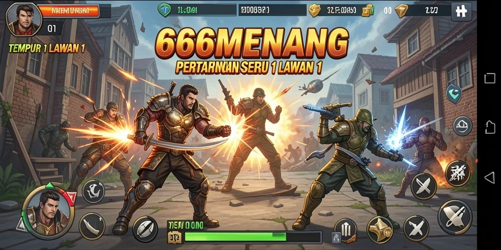 Antarmuka menampilkan duel seru Tempur 1 Lawan 1.